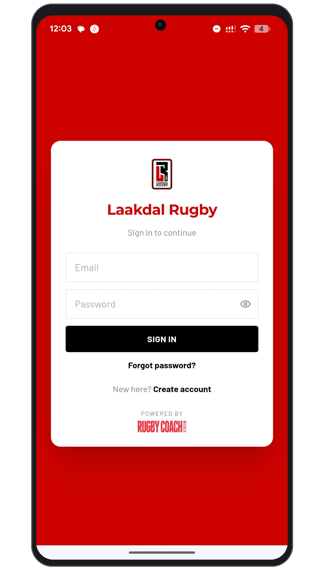 Laakdal Rugby branded Session Builder sign-in screen