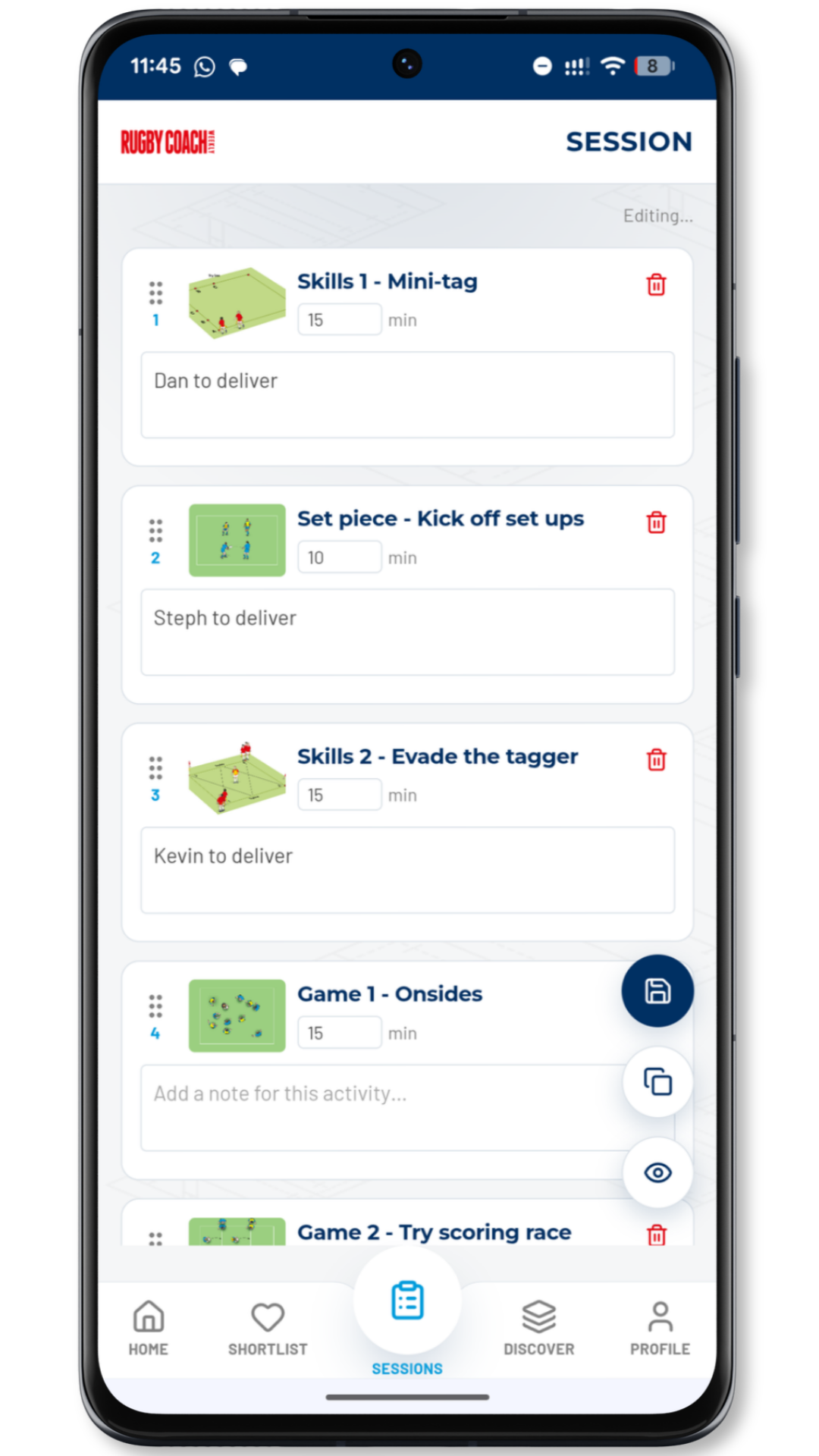 Session editor on a phone with activities reordered, timed and assigned to coaches