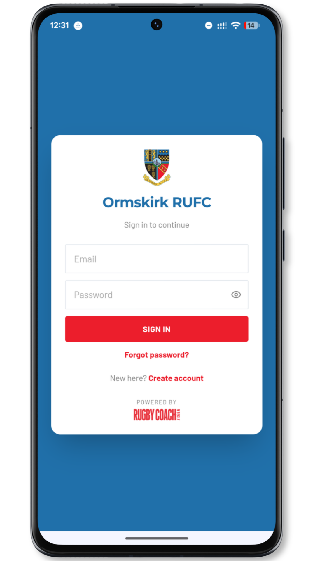 Ormskirk RUFC branded Session Builder sign-in screen