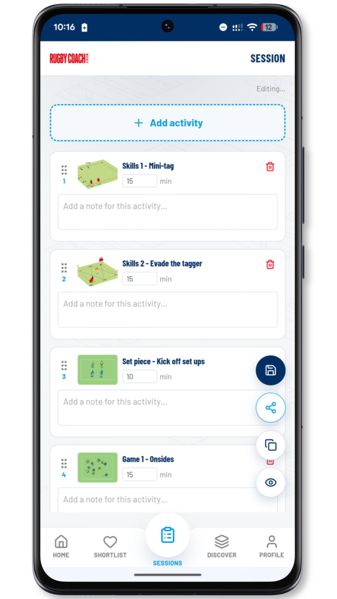 Building a rugby session in the app