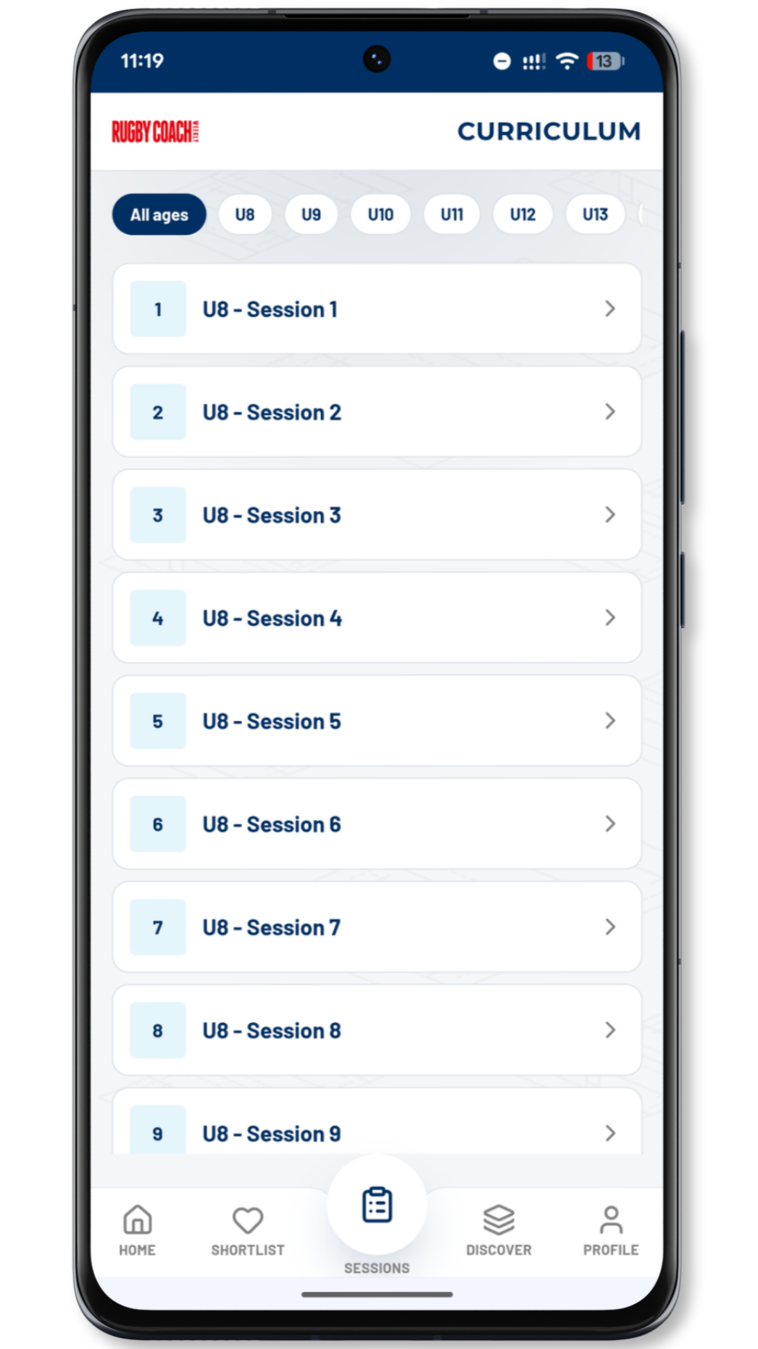 Curriculum session list on a phone, filtered by age group