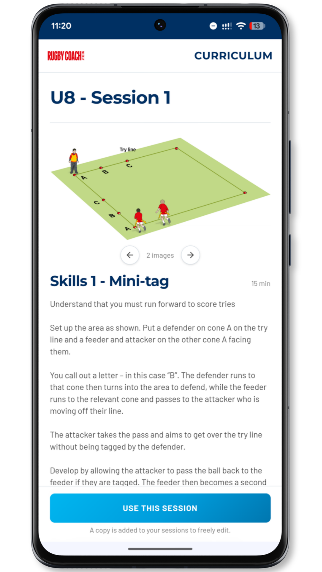 A curriculum session opened on a phone showing drill diagrams and instructions