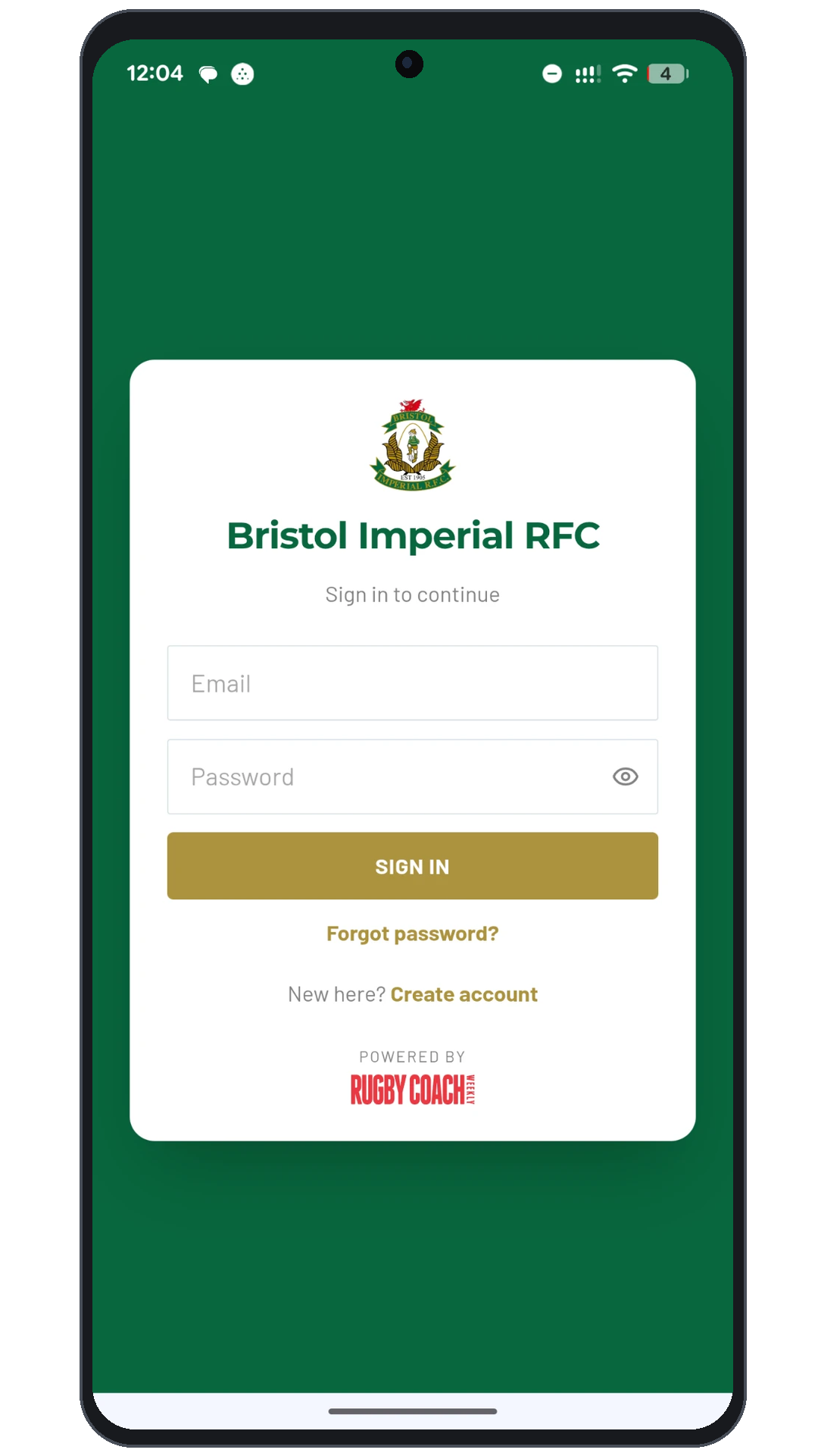 Bristol Imperial RFC branded Session Builder sign-in screen