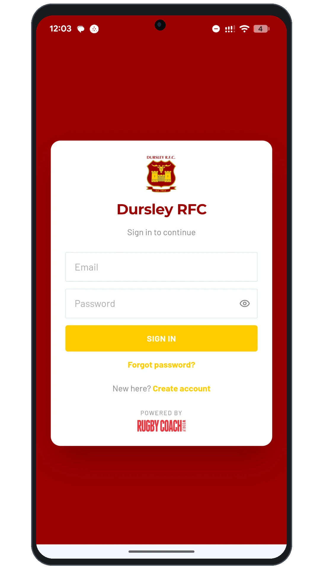 Dursley RFC branded Session Builder sign-in screen