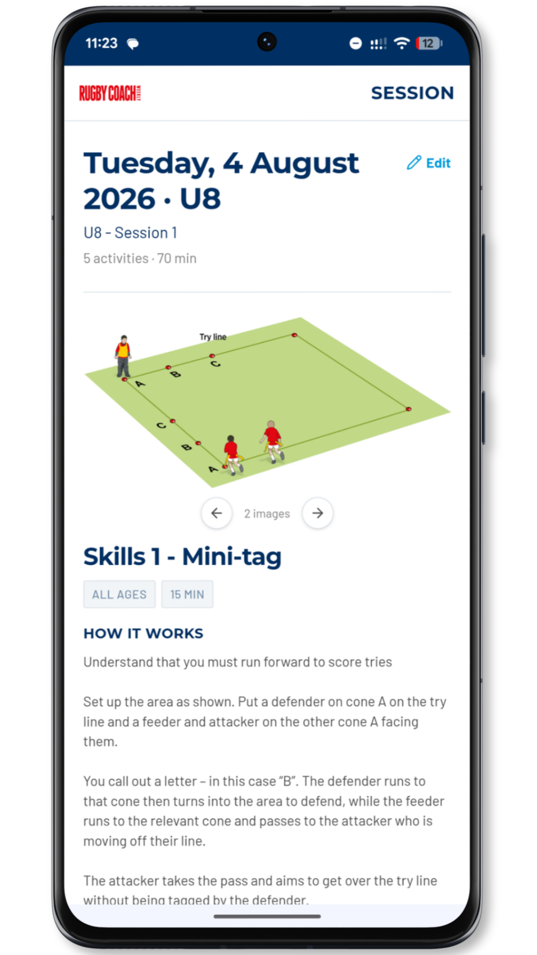 Session delivery view on a phone with diagrams and coaching notes