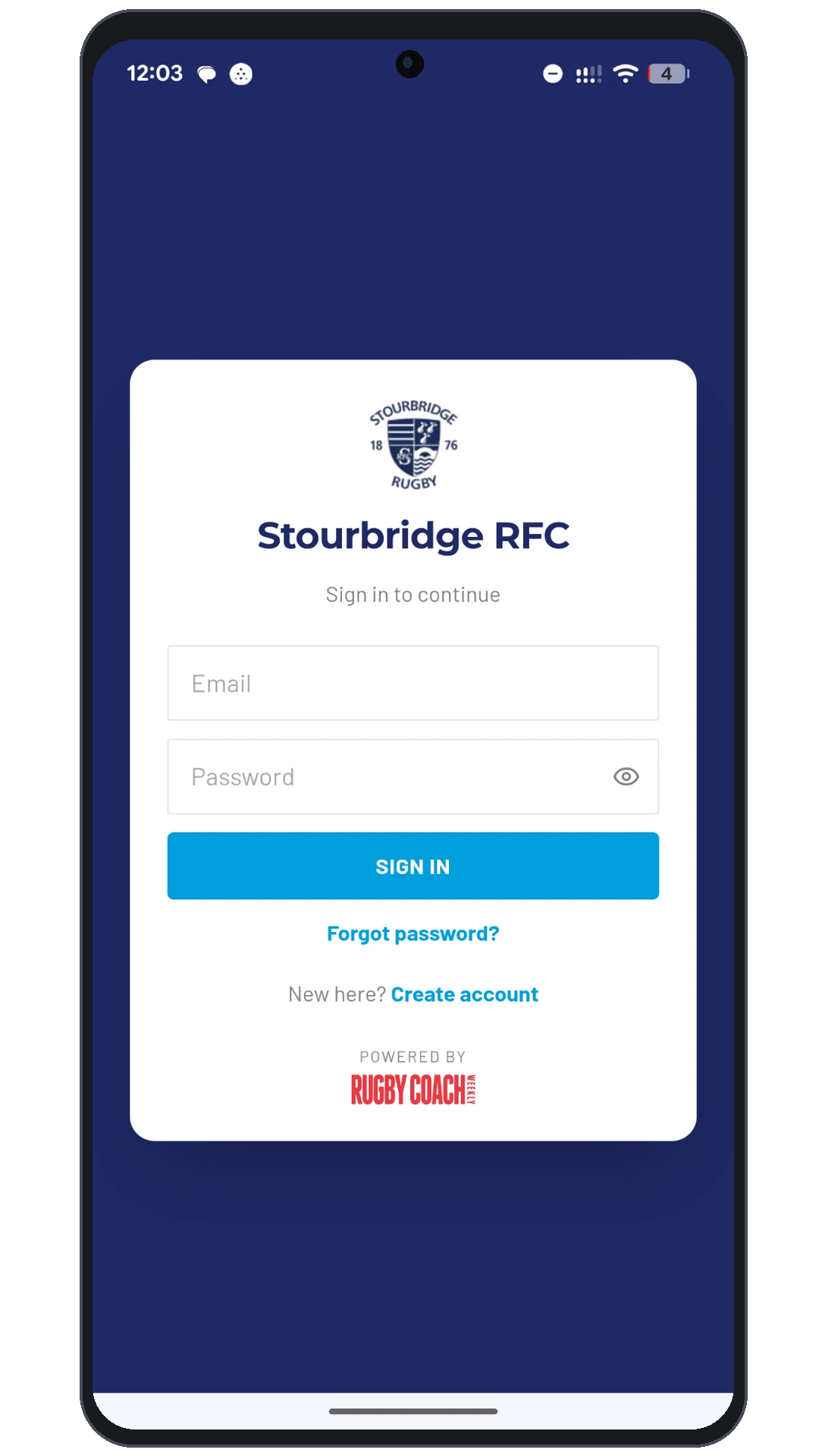 Stourbridge RFC branded Session Builder sign-in screen
